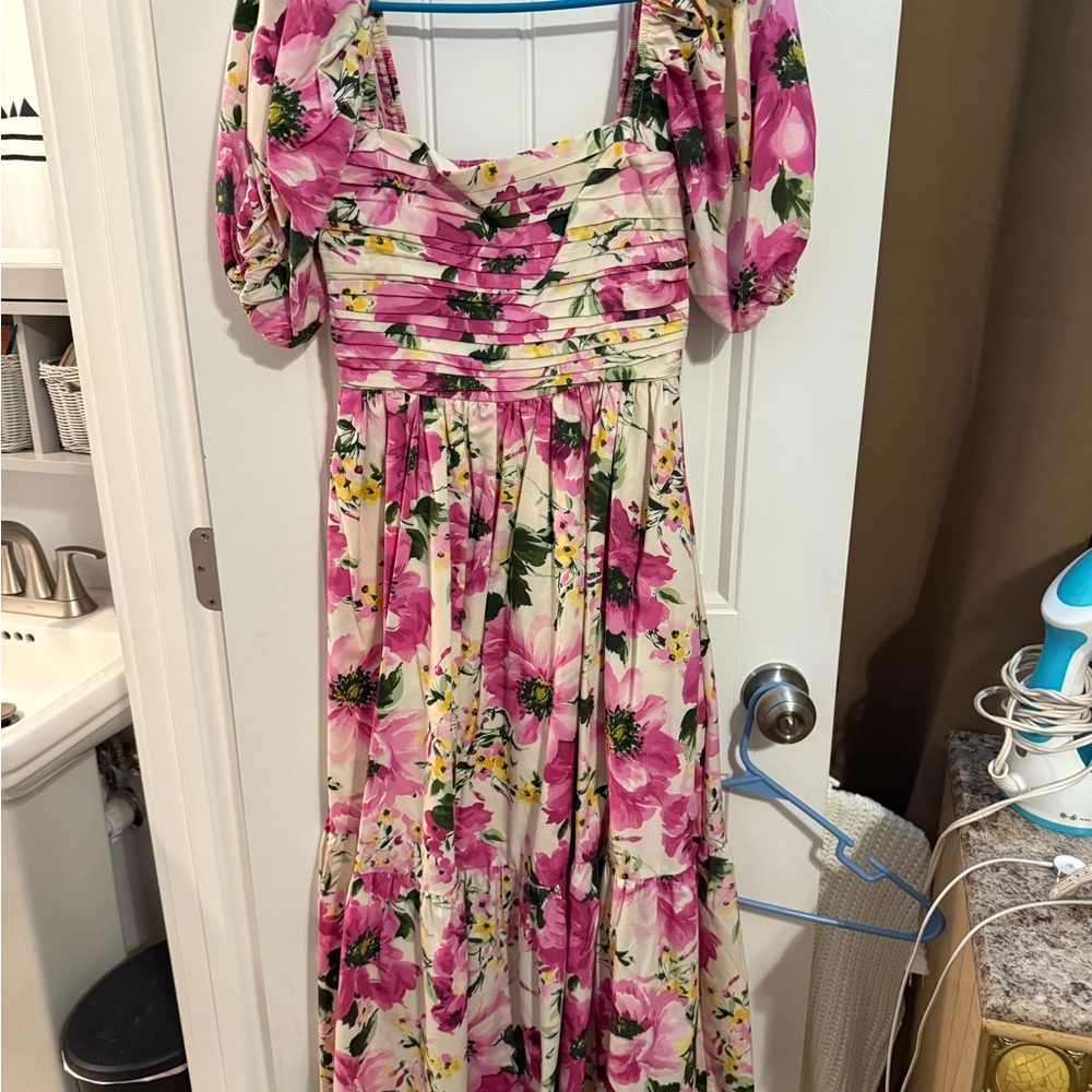 Abercrombie & Fitch Pink Ruched Midi Dress for Wedding Guest